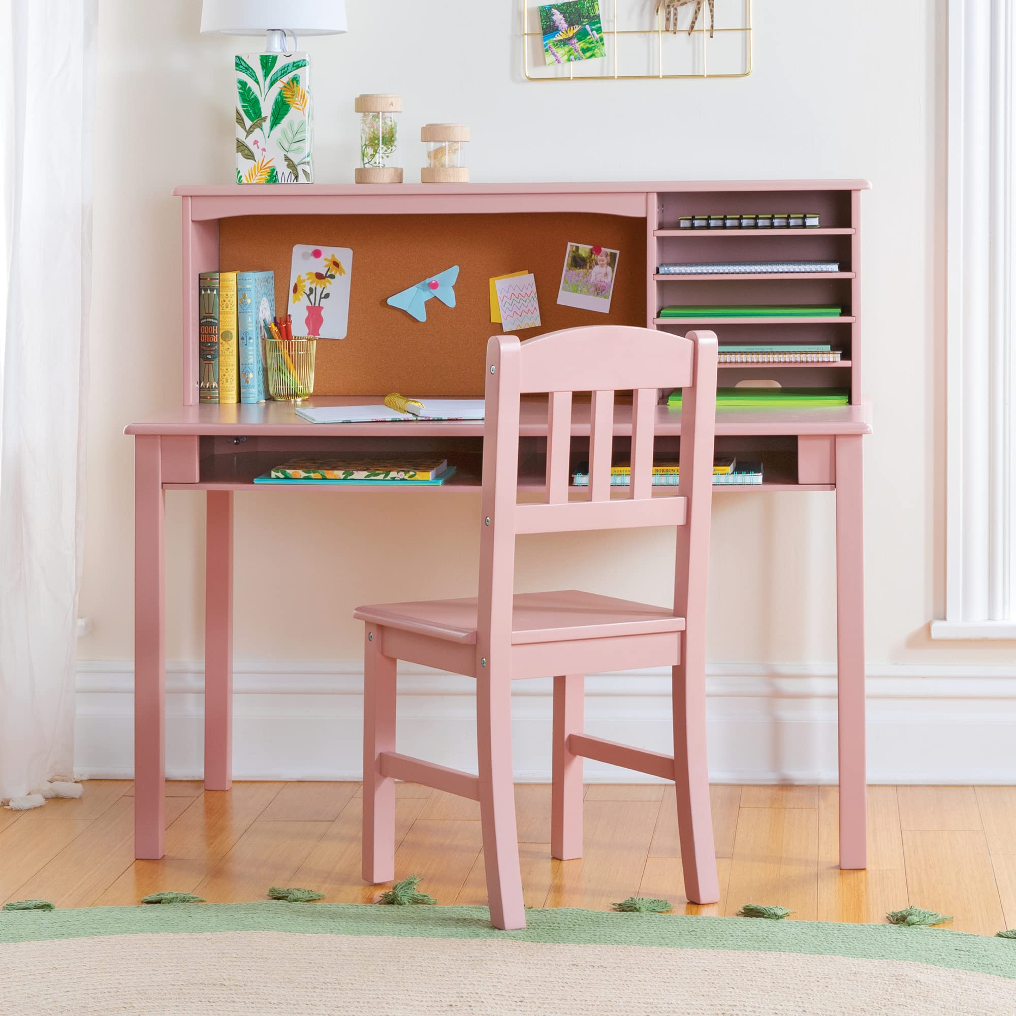 Guidecraft Kids Media Desk, Hutch and Chair Set - Pink: Student's Computer Desk with Storage Shelves and Corkboard, Kids Wooden Bedroom Furniture Set, Girls Study Desk