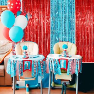 Dr Cat in The Hat Birthday Party Decorations/Thing 1 Thing 2 Party Decorations Dr. Baby Shower Decorations/Nurse Graduation Deorations/Blue Red Fringe Foil Curtains 4pcs