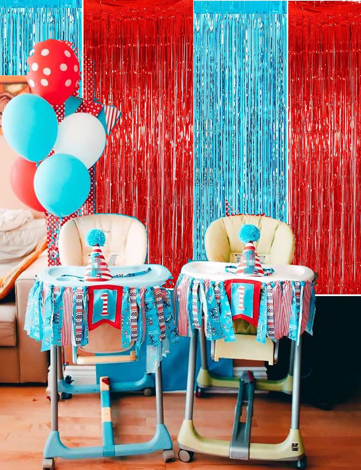 Dr Cat in The Hat Birthday Party Decorations/Thing 1 Thing 2 Party Decorations Dr. Baby Shower Decorations/Nurse Graduation Deorations/Blue Red Fringe Foil Curtains 4pcs