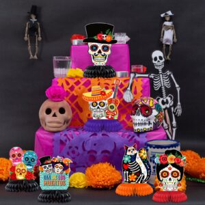 Day of The Dead Decorations 9 Pieces Dia De Los Muertos Honeycomb Table Toppers Cutouts Sugar Skull Flowers Centerpieces Day of the Dead Decor Mexican Party Supplies