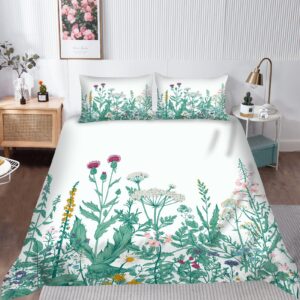 ANHOPE Flower Duvet Cover Set 3pcs Bedding Set with Green Leaf Floral Rustic Wildflower Botanical Print Pattern Soft Comforter Cover with 2 Pillow Shams All Season Quilt Cover with Zipper Queen Size