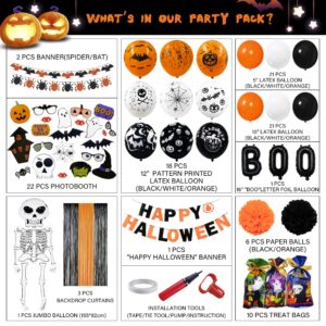 Party Spot! 120 Pcs Halloween Party Decorations, 5 Ft Jumbo Foil Balloon, Happy Halloween Banner, 60 pcs Balloons, Treat or Trick Goodie Bags, Spider Bat Banner,Foil Curtains, Halloween Party Supplies