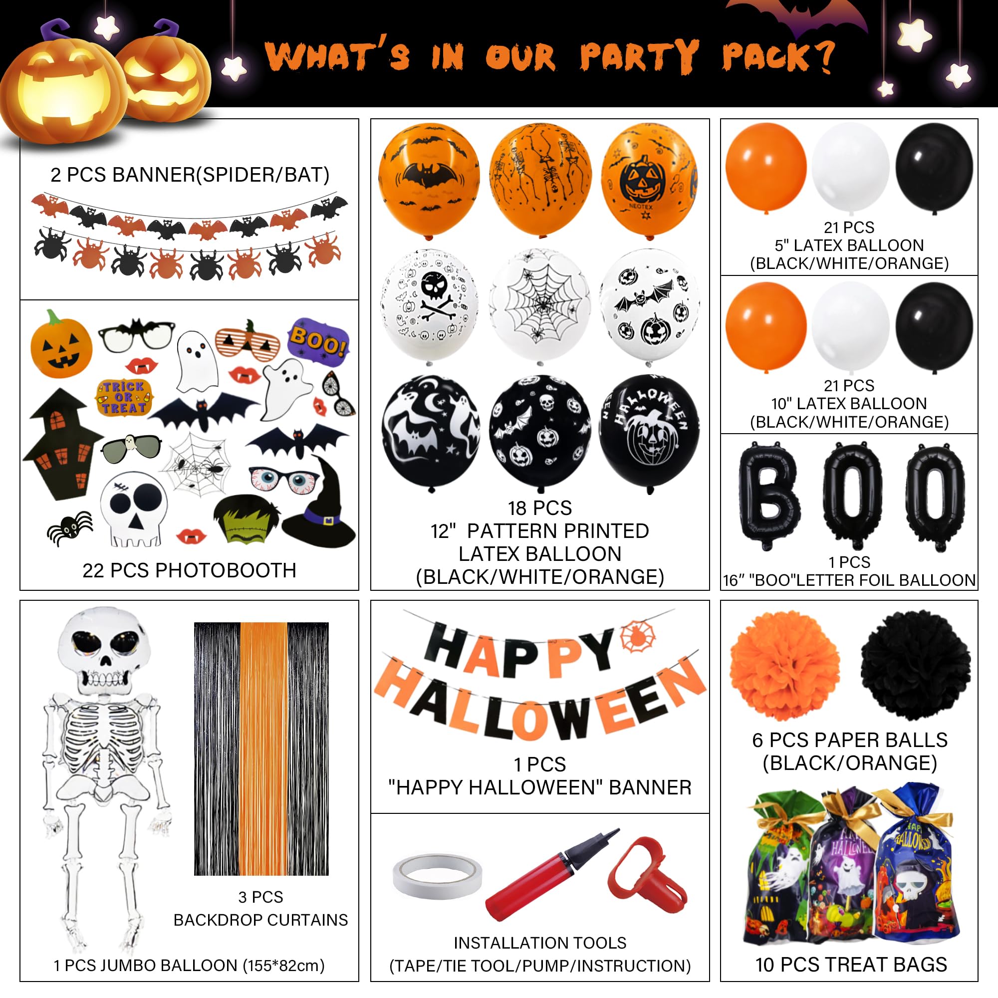 Party Spot! 120 Pcs Halloween Party Decorations, 5 Ft Jumbo Foil Balloon, Happy Halloween Banner, 60 pcs Balloons, Treat or Trick Goodie Bags, Spider Bat Banner,Foil Curtains, Halloween Party Supplies