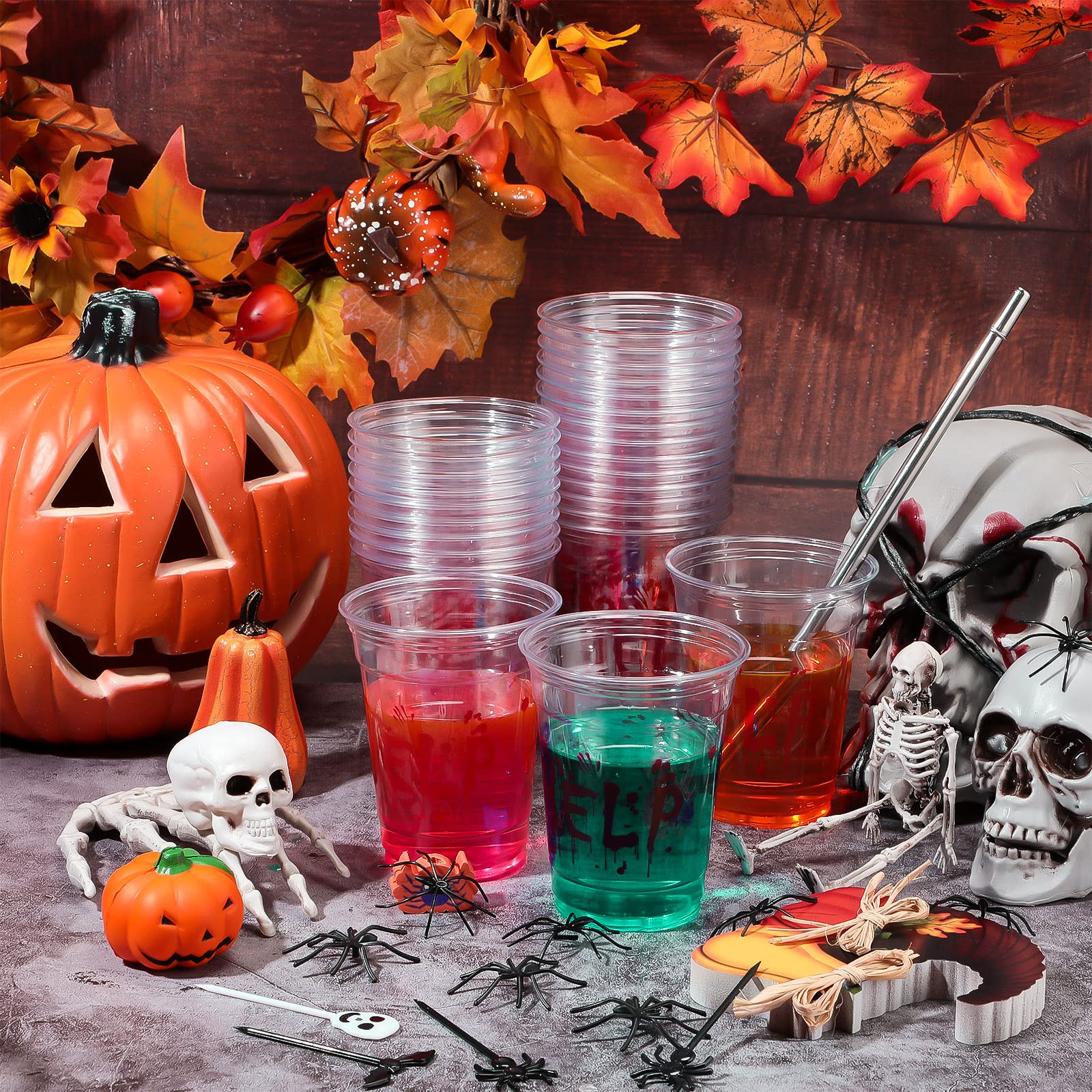 Meanplan 90 Pcs 12 oz Halloween Plastic Party Cups Disposable Clear Cups Scary Printed Party Cups Happy Halloween Cups for Liquor Coffee Juice and Hot Cold Drinks Party Supplies (Scary Style)