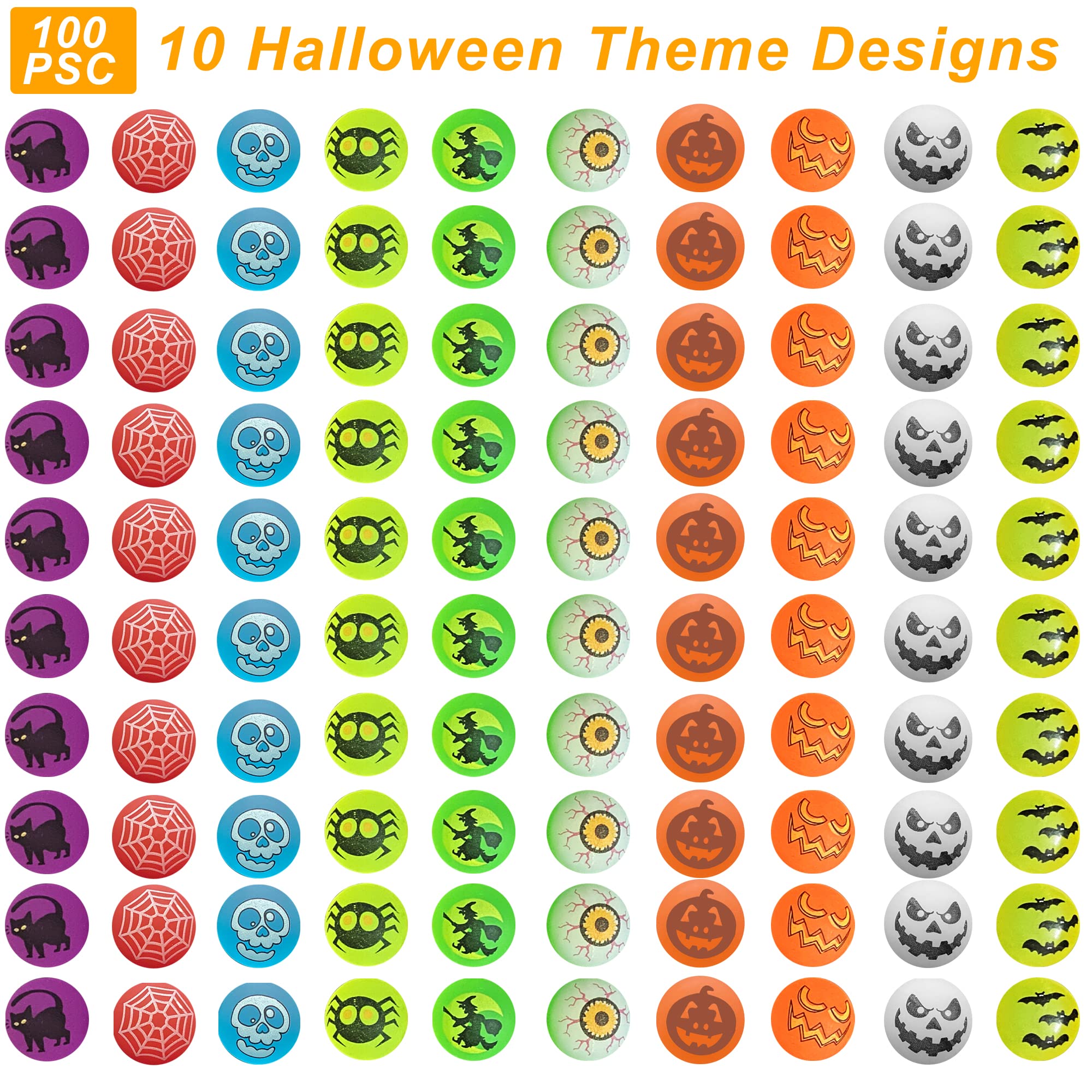 Taocco 100 Pieces Halloween Bouncing Balls,10 Halloween Theme Designs Glow in The Dark Bouncy Toys Balls,Halloween Party Favor Supplies,Classroom Game Rewards,Trick or Treat Party Bag Filler