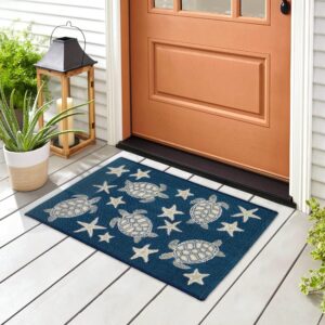 Liora Manne Esencia Machine Washable Non-Slip Low Profile Indoor/Outdoor Mat-Transitional, Coastal, Turtle, Whimsical, Turtle and Stars Navy 2' x 2'10"