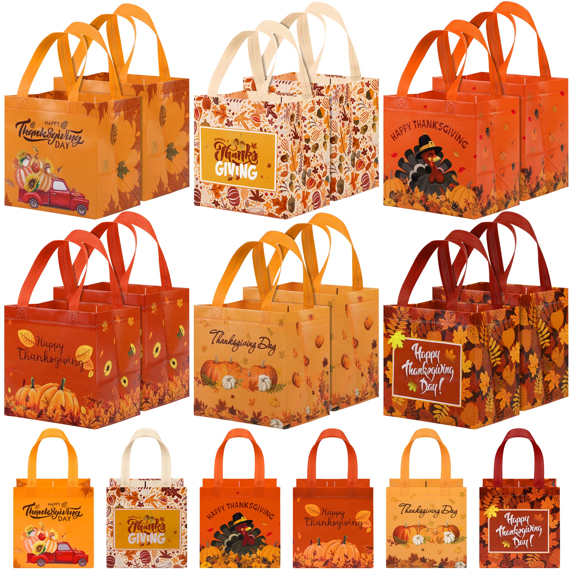 MIMIND 18 Pieces Thanksgiving Non-Woven Tote Bags Turkey Pumpkin Fall Party Gift Bags with Handles Thanksgiving Day Treat Bags Reusable Grocery Goodie Shopping Bags for Fall Thanksgiving Party Favors