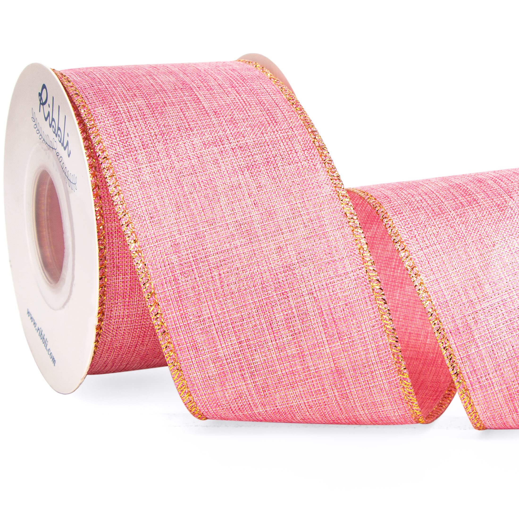 Ribbli Metallic Rose Pink Linen Wired Ribbon,2-1/2 Inch x Continuous 10 Yard, Pink Burlap Ribbon with Gold Edge,Christmas Ribbon for Wreaths,Big Bow,Gift Wrapping, Christmas Tree Decoration