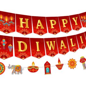 Happy Diwali Bunting Banner, Diwali Garland Decorations for Indian Festival of Lights Deepavali Themed Party Supplies