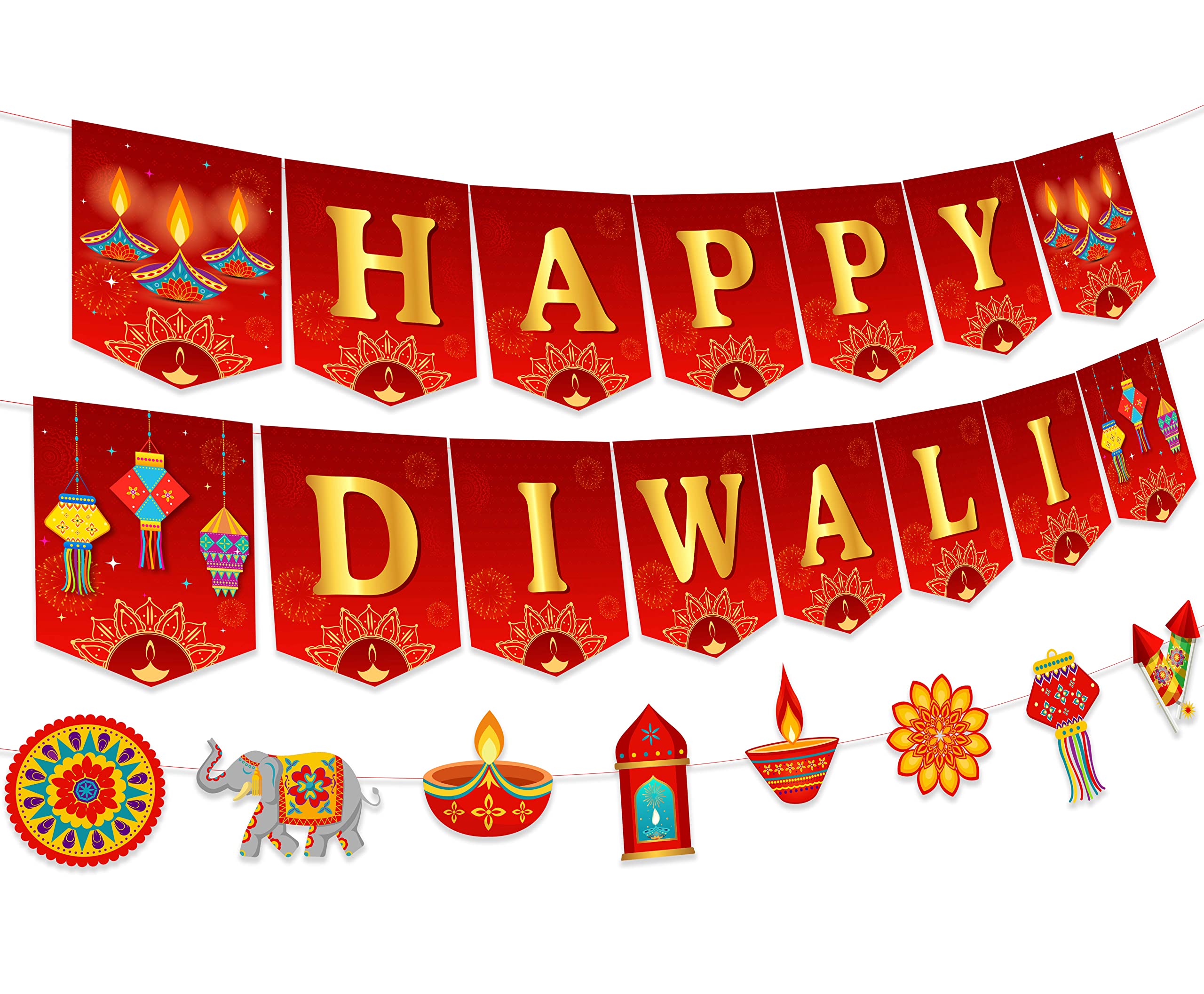 Happy Diwali Bunting Banner, Diwali Garland Decorations for Indian Festival of Lights Deepavali Themed Party Supplies