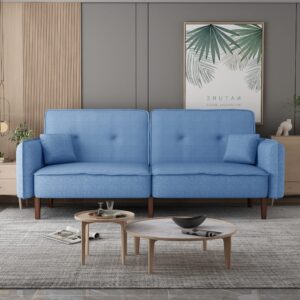 WILLIAMSPACE 75" Futon Sofa Bed, Convertible Sleeper Sofa with Magazine Bag, Small Splitback Sofa with Tapered Solid Wood Leg, Padded Seat and Back, Loveseat Couch for Living Room, Blue Fabric