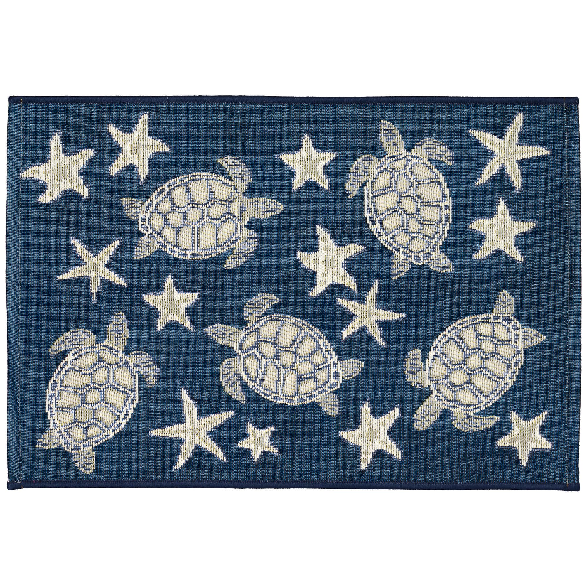 Liora Manne Esencia Machine Washable Non-Slip Low Profile Indoor/Outdoor Mat-Transitional, Coastal, Turtle, Whimsical, Turtle and Stars Navy 2' x 2'10"