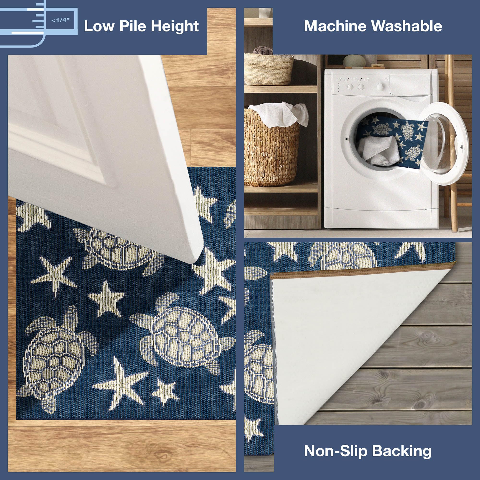 Liora Manne Esencia Machine Washable Non-Slip Low Profile Indoor/Outdoor Mat-Transitional, Coastal, Turtle, Whimsical, Turtle and Stars Navy 2' x 2'10"