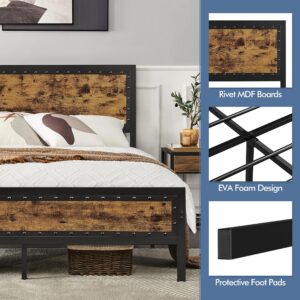 Yaheetech Full Bed Frame Metal Bed with Rivet Design Wooden Headboard&Footboard, Modern Rustic Style/No Box Spring Needed/Easy Assembly, Rustic Brown Full Bed