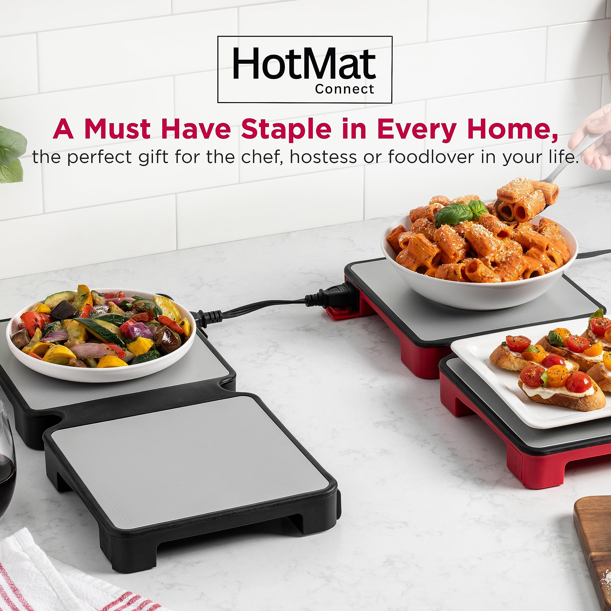 HotMat Connect Food Warmer Tray - Foldable with Silicone and Adjustable Temperature - Modular Compact Warming Plate for Home Dinners, Parties and Buffets - Black, 2-Dish (1-Pack)