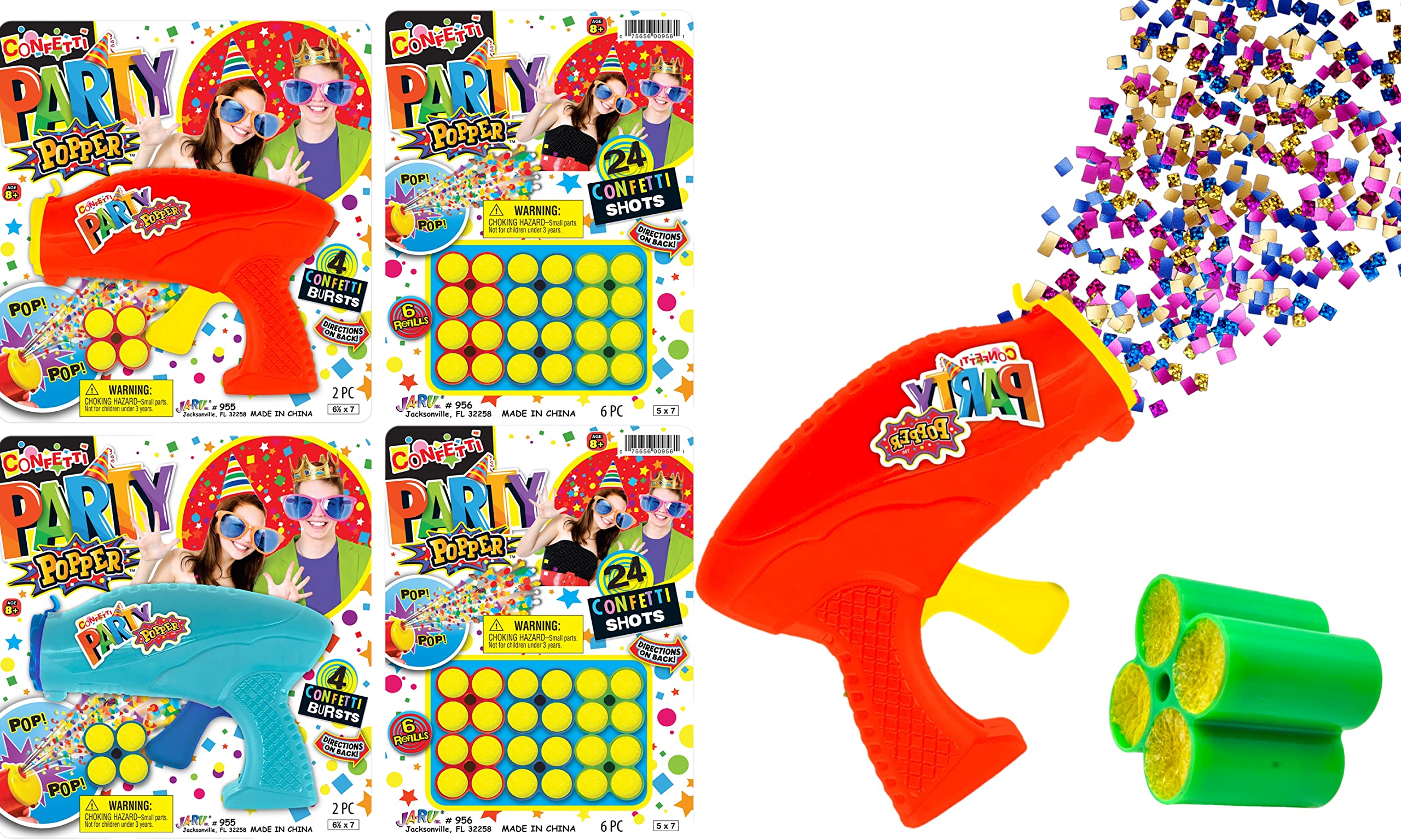 JA-RU Confetti Party Poppers Gun (2 Guns & 56 Shots) Party Supplies Reusable Multicolor Metallic Confetti Poppers Gun Confetti Gun, Party Favors or Kids and Adults Birthday Parties.955-2-956-2s