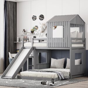 meritline house bunk beds with slide, twin over full bunk bed for kids with playhouse design, wood toddler bunk beds with roof,windows and ladder for boys or girls, gray