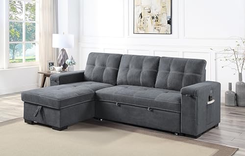 Lilola Home Toby Gray Woven Fabric Reversible Sleeper Sectional Sofa with Storage Chaise Cup Holder USB/USB-C Ports and Pockets