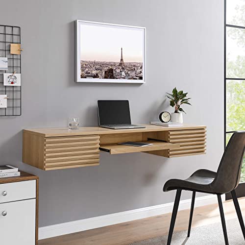 Modway Render Mid-Century Modern, Wall Mount Office Desk, Oak