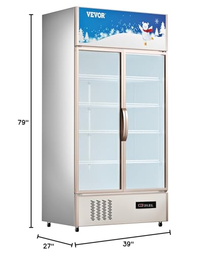 VEVOR Commercial Refrigerator,Display Fridge Upright Beverage Cooler, Glass Door with LED Light for Home, Store, Gym or Office, (23 cu.ft. Double Swing Door)