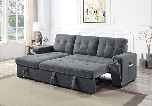 Lilola Home Toby Gray Woven Fabric Reversible Sleeper Sectional Sofa with Storage Chaise Cup Holder USB/USB-C Ports and Pockets