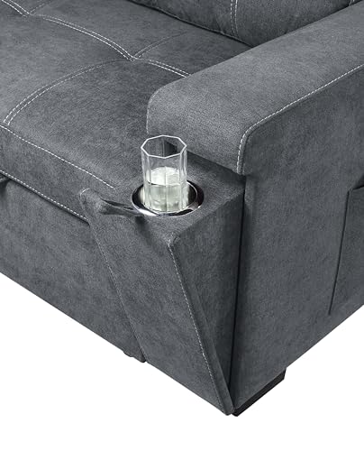 Lilola Home Toby Gray Woven Fabric Reversible Sleeper Sectional Sofa with Storage Chaise Cup Holder USB/USB-C Ports and Pockets