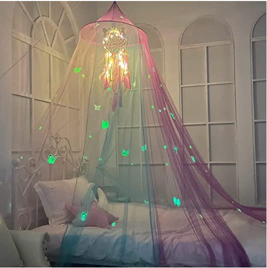 Kenyon Creek Rainbow Princess Bed Canopy with Lights for Girls Room, Unicorn Dream Catcher