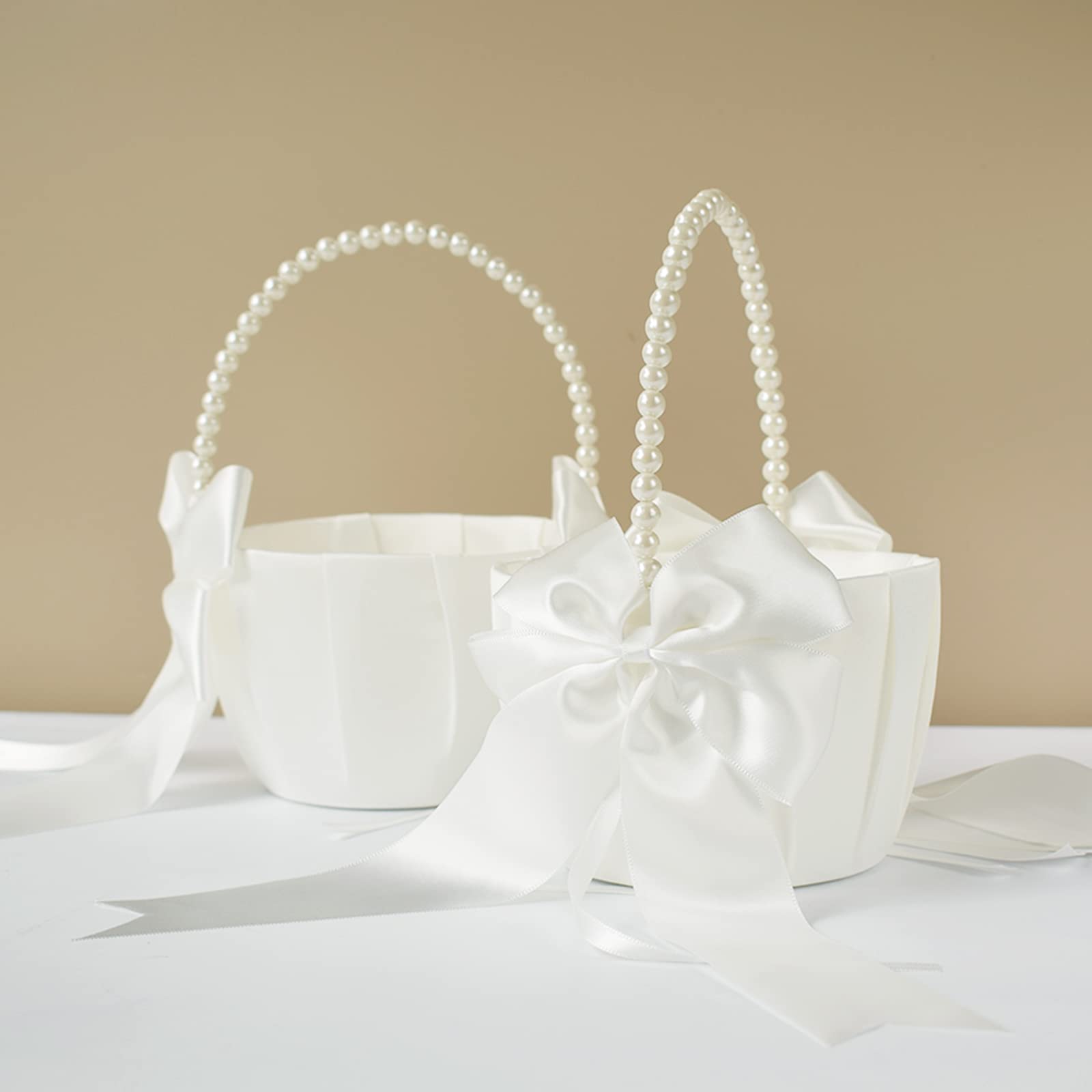 ATAILOVE 2 Pcs Wedding Flower Girl Baskets with Cute Pearl Handle Bowknot Satin Flower Baskets for Wedding Ceremony, Ivory