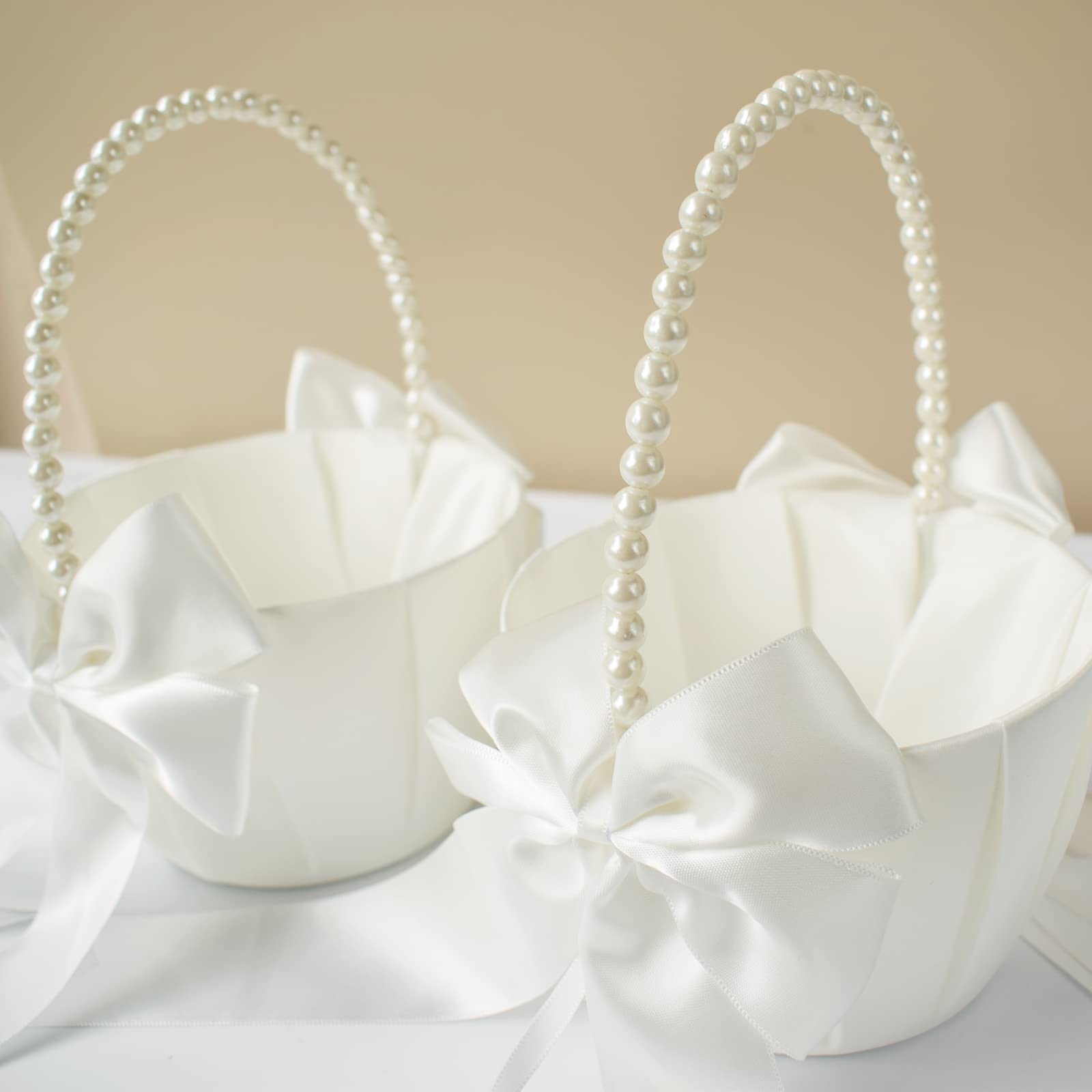 ATAILOVE 2 Pcs Wedding Flower Girl Baskets with Cute Pearl Handle Bowknot Satin Flower Baskets for Wedding Ceremony, Ivory