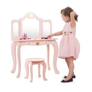 INFANS 2-in-1 Kids Dressing Table & Stool Set, Toddler Wooden Vanity Table with Tri-Fold Mirror & Drawer, Detachable Large Top, Princess Pretend Play Makeup Dresser for Little Girls