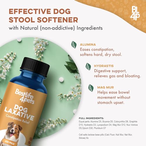 Dog Laxative Constipation Relief - Dog Stool Softener Remedy Eases Irregular Bowel Movements, Scooting & Rectal Itching; Supports Canine Digestion & Dog Gas Relief - 400 Odorless, Tasteless Pills