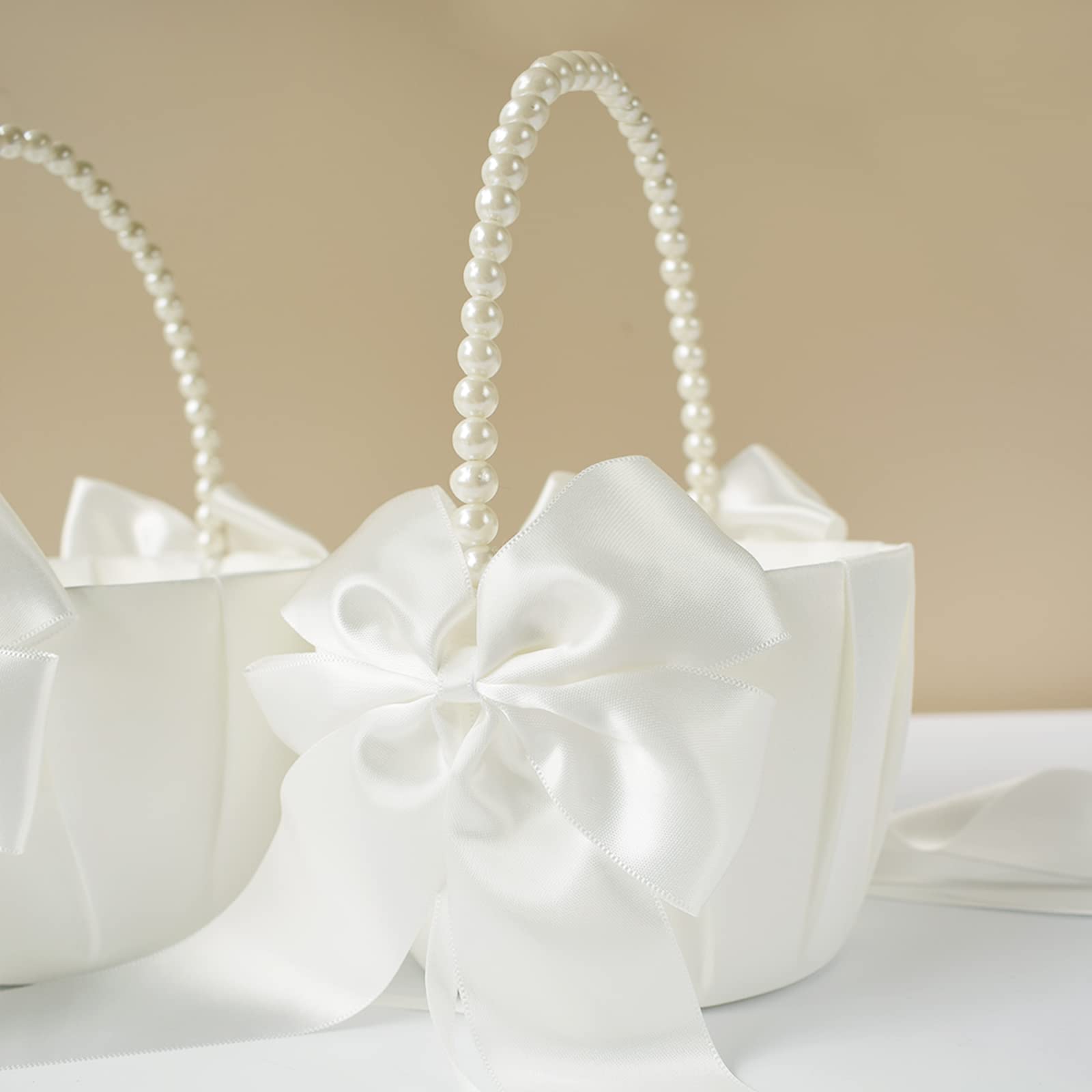 ATAILOVE 2 Pcs Wedding Flower Girl Baskets with Cute Pearl Handle Bowknot Satin Flower Baskets for Wedding Ceremony, Ivory