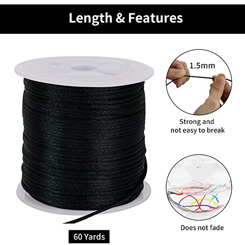 TONIFUL 1.5mm x 50 Yards Black Nylon Cord Satin String for Bracelet Jewelry Making Rattail Macrame Trim Cord Necklace Bulk Beading Thread Kumihimo Chinese Knot Craft