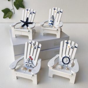 JOINSI 4 Pieces Wooden Adirondack Miniature Chair Ornaments with Nautical Life Ring for Coastal, Ocean, Beach Office Home Decoration Favor