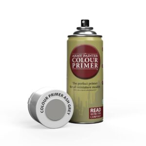 the army painter color primer spray paint, ash grey, 400ml, 13.5oz - acrylic spray undercoat for miniature painting - spray primer for plastic miniatures