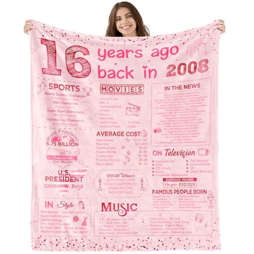 Sweet 16 Birthday Gifts for Girls 16th Birthday Decorations Big Sister Gifts for Little Girls Sweet 16 Gift Ideas for Daughter Sister Bestie Soft Throw Blanket Back in 2008-60x50 Inch - Pink