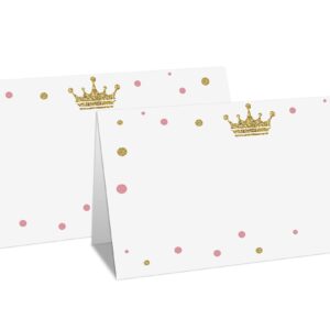 Table Place Card for Baby Shower, 25 Pcs Tent Cards Set with Pink & Gold Design, Editable Name Cards for Table Seating, Party Food Lables, Gold Crown Little Princess Baby Shower Decorations(05)