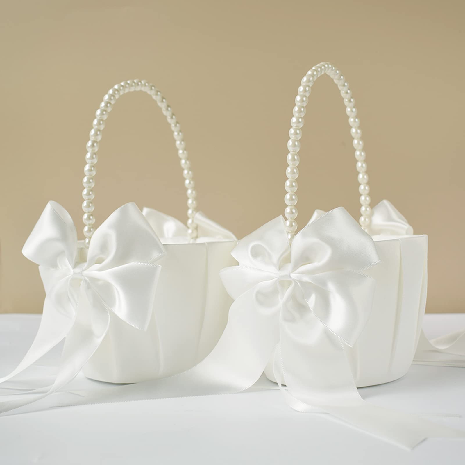 ATAILOVE 2 Pcs Wedding Flower Girl Baskets with Cute Pearl Handle Bowknot Satin Flower Baskets for Wedding Ceremony, Ivory