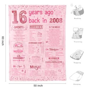 Sweet 16 Birthday Gifts for Girls 16th Birthday Decorations Big Sister Gifts for Little Girls Sweet 16 Gift Ideas for Daughter Sister Bestie Soft Throw Blanket Back in 2008-60x50 Inch - Pink