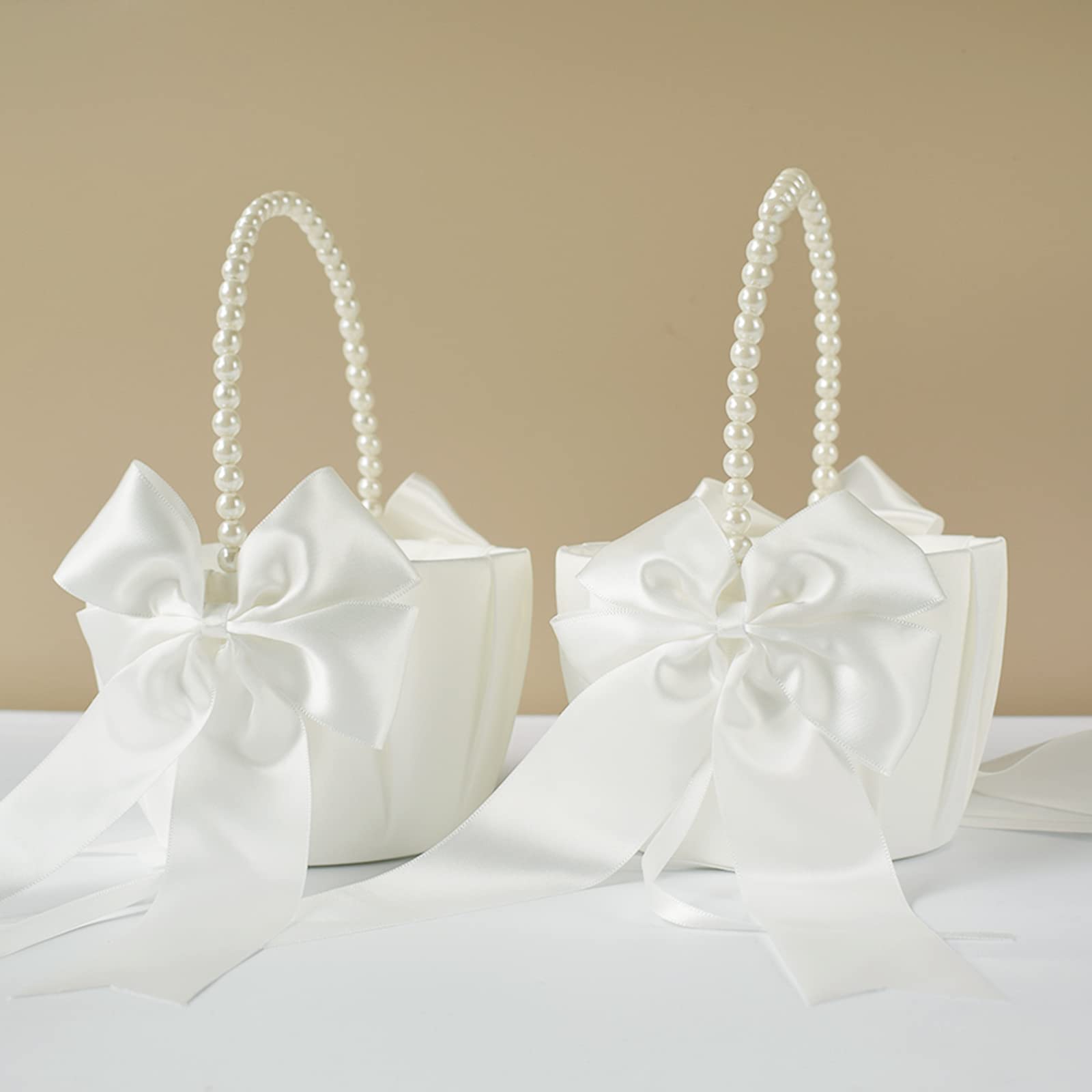 ATAILOVE 2 Pcs Wedding Flower Girl Baskets with Cute Pearl Handle Bowknot Satin Flower Baskets for Wedding Ceremony, Ivory