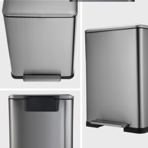 Home Zone Living 13 Gallon Kitchen Trash Can, Dual Removable Liners for Recycling and Trash, Wide Stainless Steel Shape (8 + 5 for 13 Gallon Total)