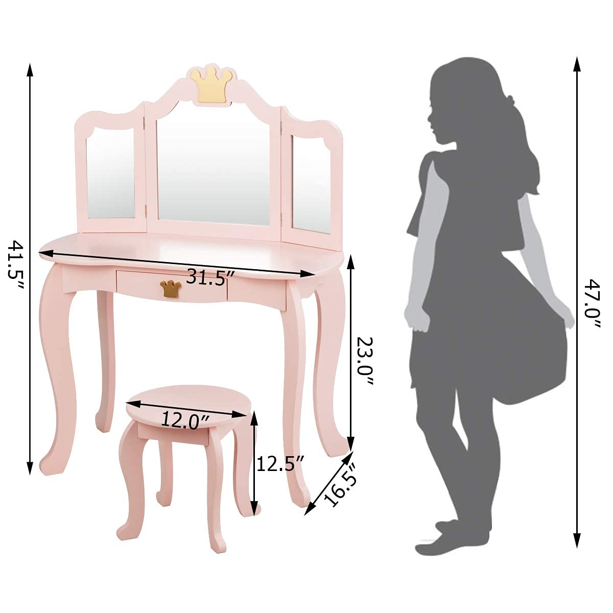 INFANS 2-in-1 Kids Dressing Table & Stool Set, Toddler Wooden Vanity Table with Tri-Fold Mirror & Drawer, Detachable Large Top, Princess Pretend Play Makeup Dresser for Little Girls