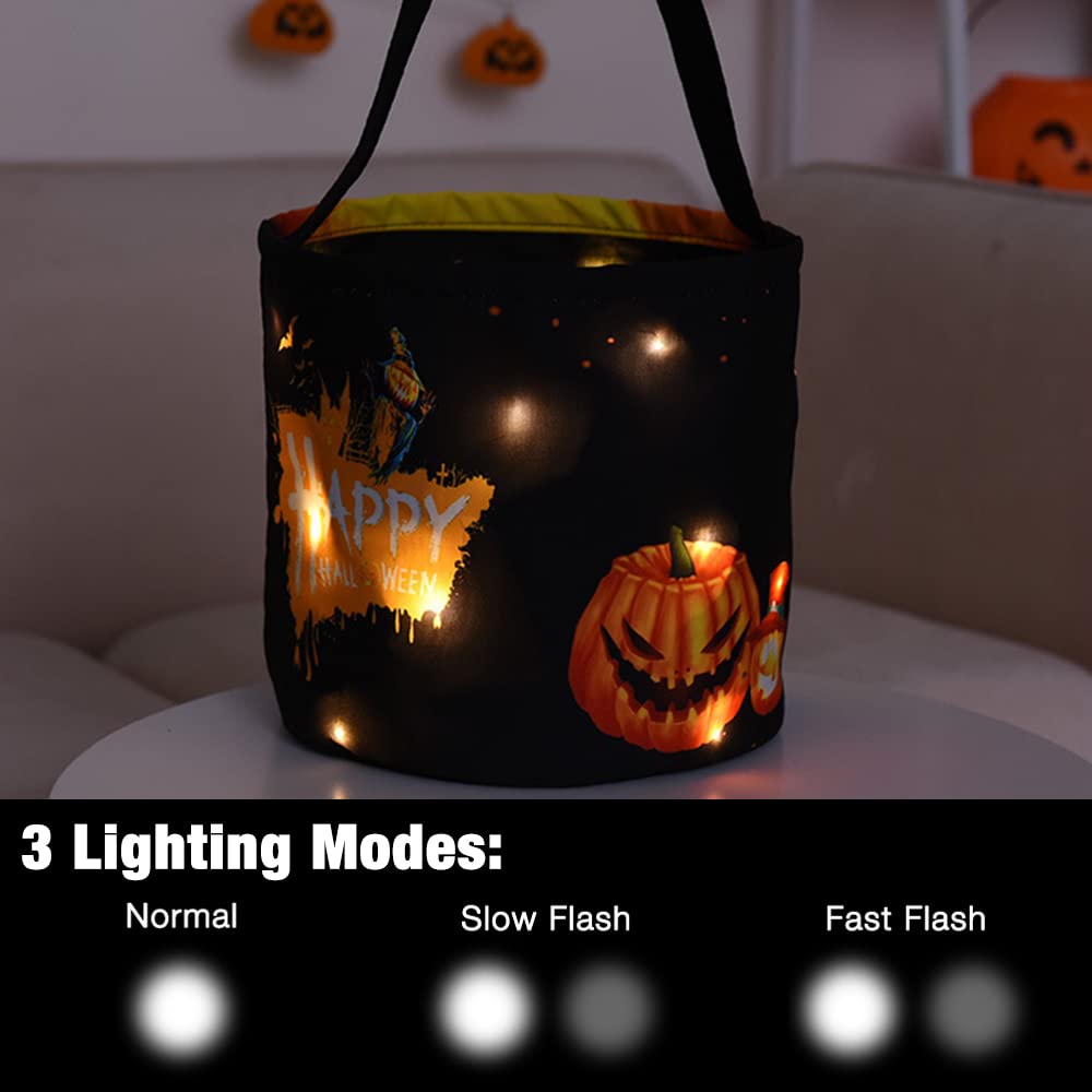 Mopoin LED Light Halloween Candy Bag for Trick or Treating, Light up Halloween Candy Buckets, Halloween Trick or Treat Bags for Kids, Pumpkin Tote Bags for Halloween Party, 9.4 x 9 inch