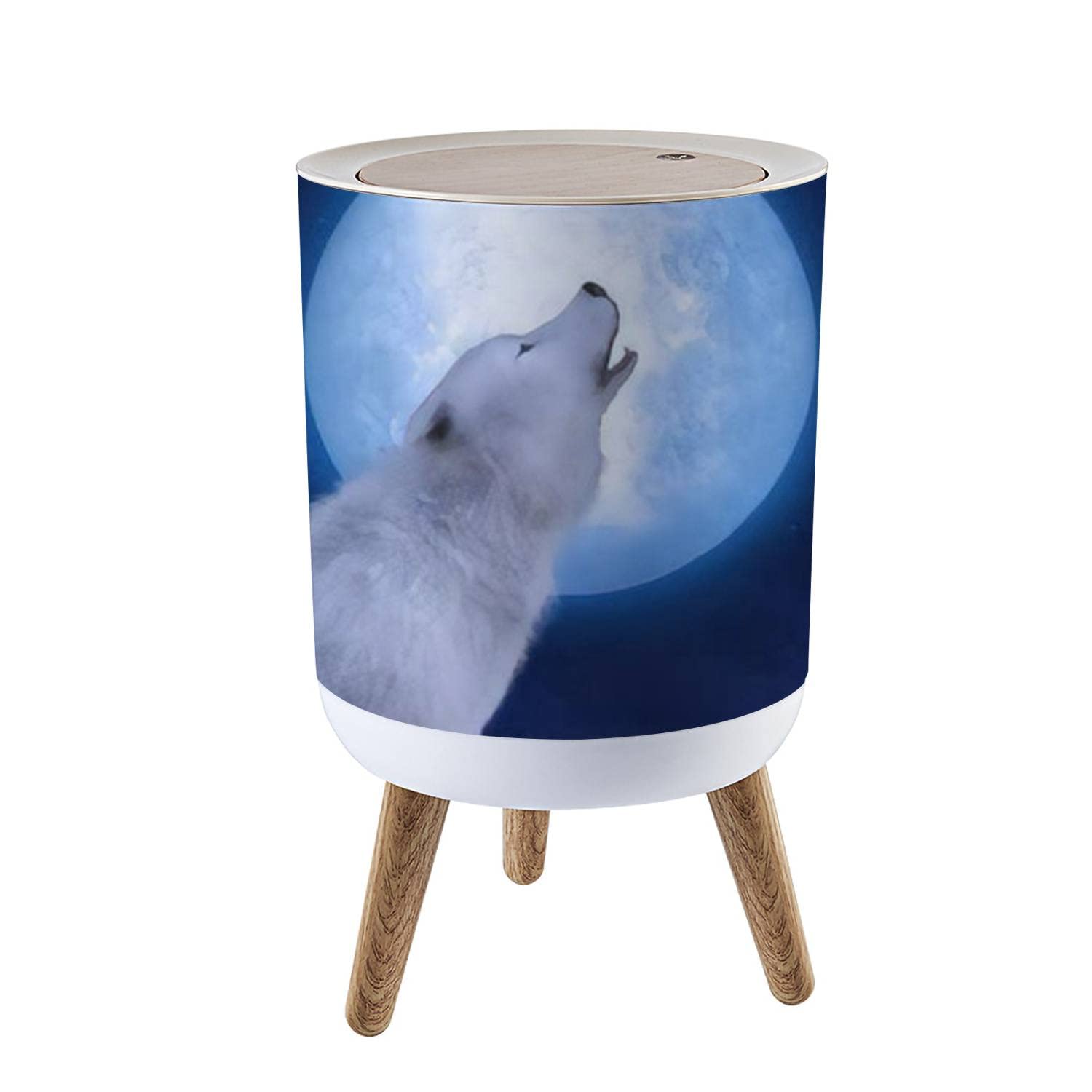 Small Trash Can with Lid for Bathroom Kitchen Office Diaper 3D rendering a majestic white sitting down howling to a big moon Stars Bedroom Garbage Trash Bin Dog Proof Waste Basket Cute Decorative