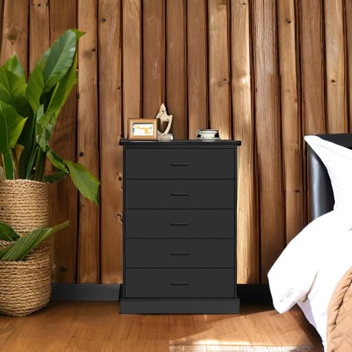 EPHEX Tall Dresser with 5 Drawers for Bedroom, Storage Tower Clothes Organizer, Black Chest of Drawers with Sturdy Pedestal, 27.6'' W x 15.8'' D x 40.2'' H