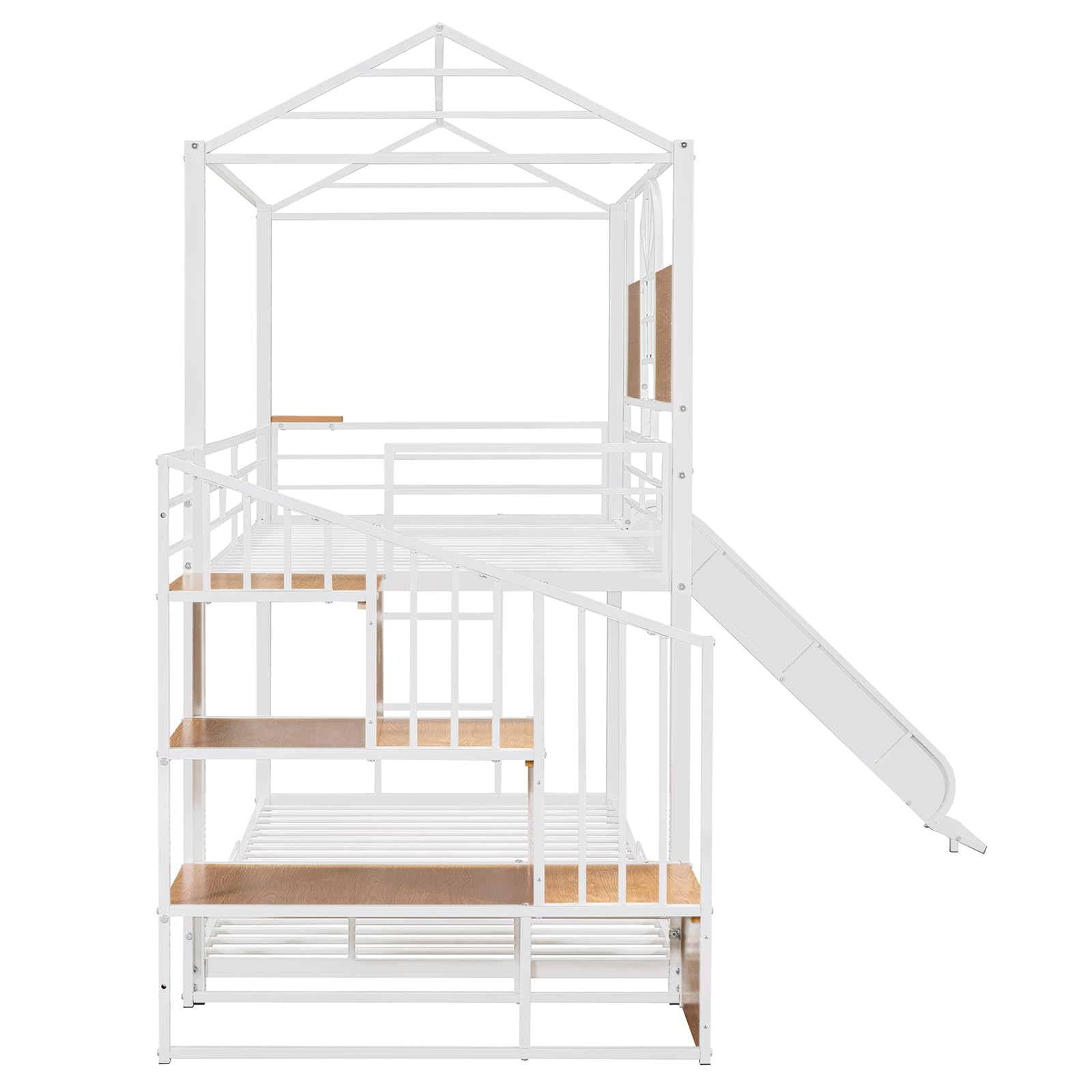 CALABASH Twin Over Twin House Bunk Beds with Slide and Storage Stair with Storage Stairs, Steps Kids Metal Low Bunk Beds with Guardrails for Girls & Boys (White)