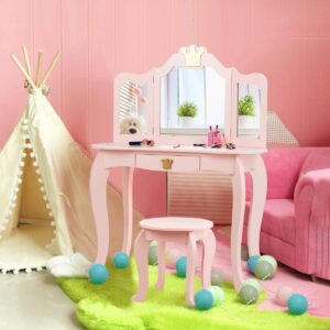 INFANS 2-in-1 Kids Dressing Table & Stool Set, Toddler Wooden Vanity Table with Tri-Fold Mirror & Drawer, Detachable Large Top, Princess Pretend Play Makeup Dresser for Little Girls