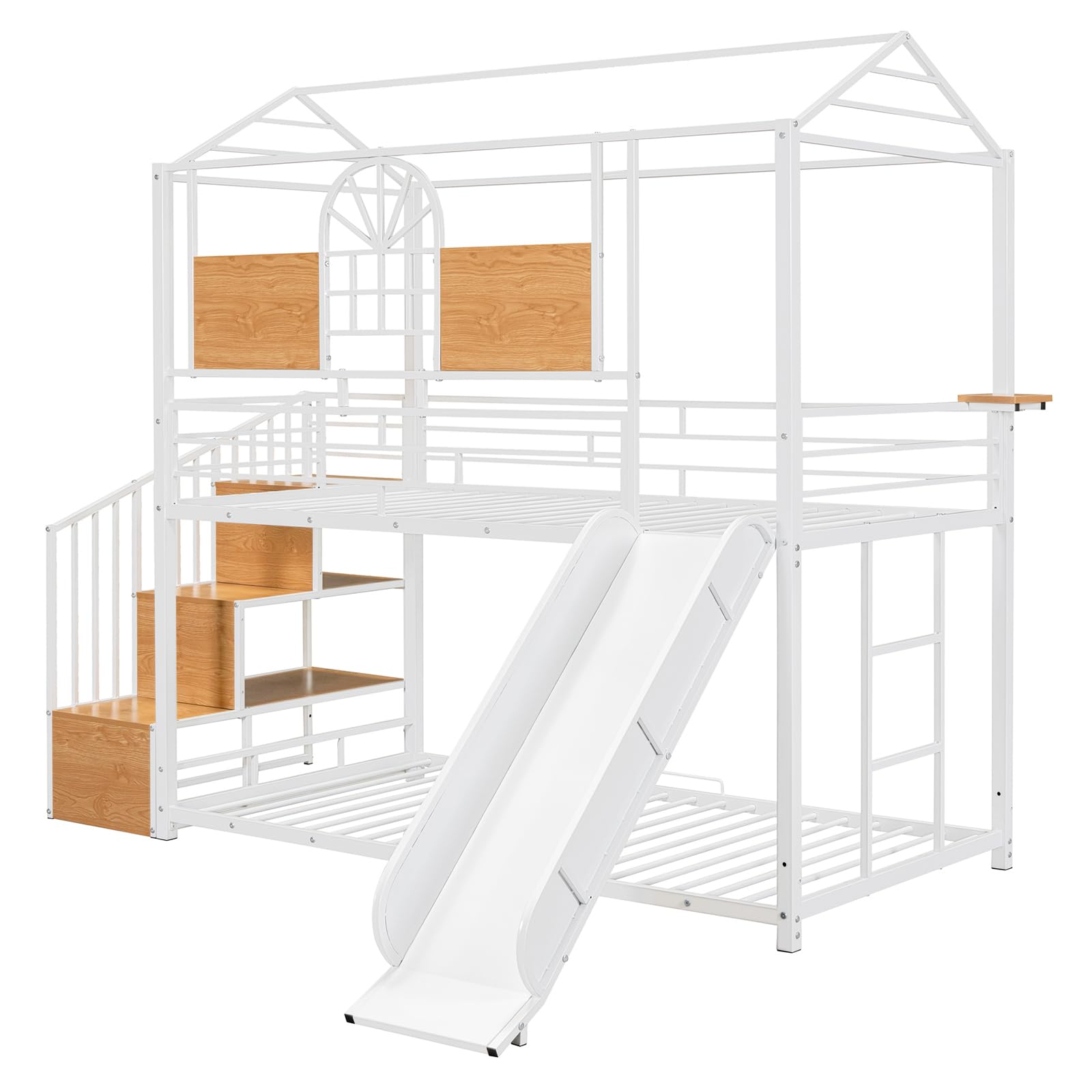 CALABASH Twin Over Twin House Bunk Beds with Slide and Storage Stair with Storage Stairs, Steps Kids Metal Low Bunk Beds with Guardrails for Girls & Boys (White)