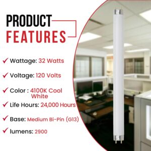 BULBMASTER F32T8/41K Fluorescent Light Bulbs 32W 48 Inch T8 F32T8 Fluorescent Tube, F32T8 841 Flourescent Bulbs, 4100K Cool White, 2800 Lumens, G13 Medium Bi-Pin Base, 4-Pack