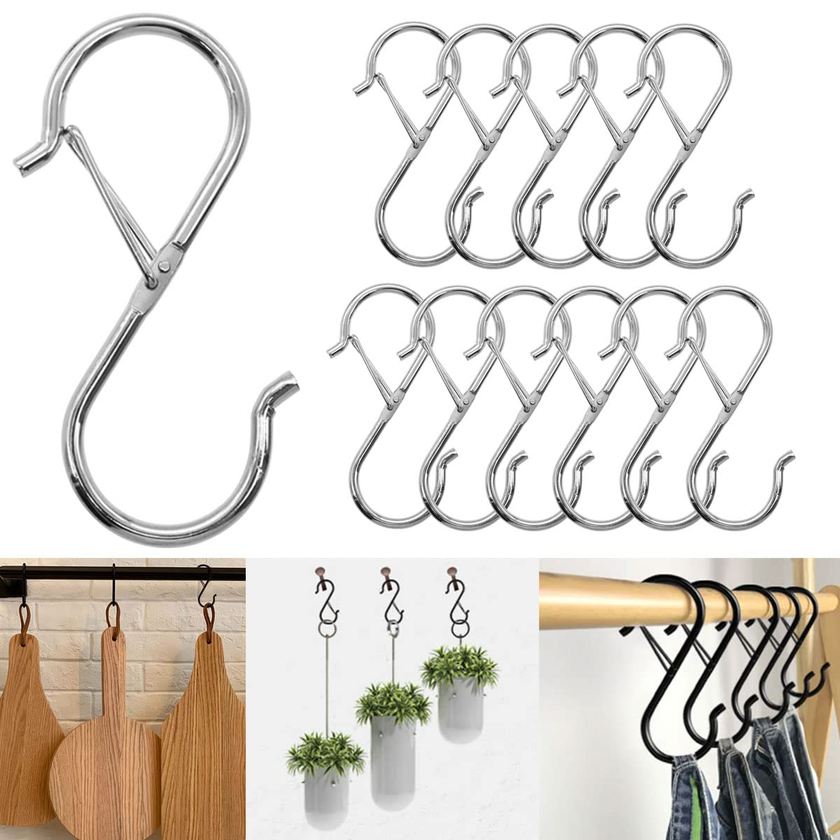 Seamaka 8 pcs 3.5 inch Silver S Hooks,Heavy Duty S Shaped Hooks for Hanging Rust-Proof S Hooks with Safety Buckle Design for Hanging Plants Coffee Cups Pots and Pans Clothes Bags in Kitchen Bathroom